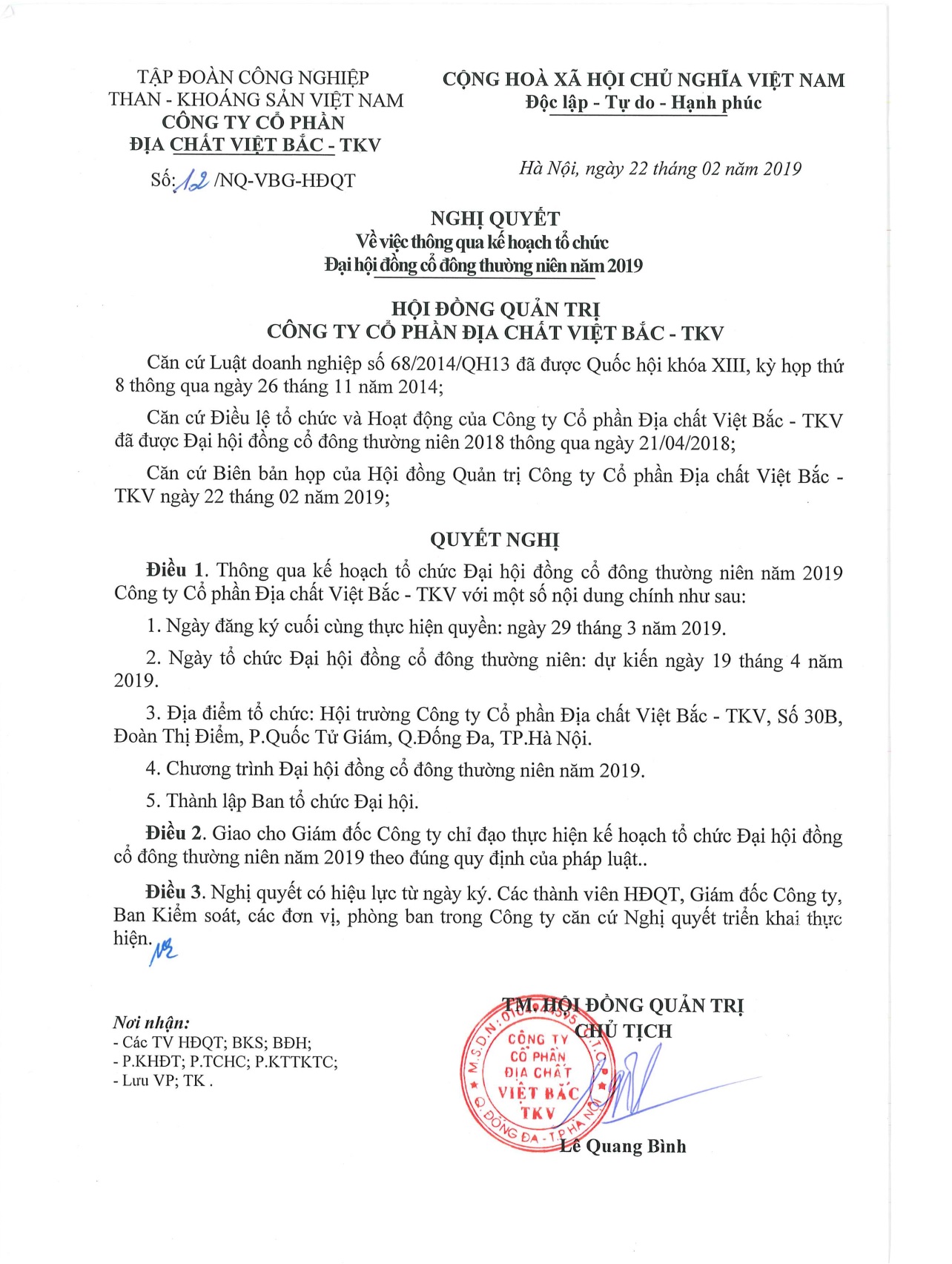 Nghị quyết thông qua kế hoạch tổ chức Đại hội đồng cổ đông thường niên năm 2019